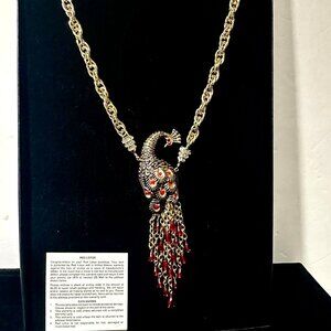 Vintage Red Lotus Peacock Statement Necklace Gold Tone Red Tassel Rhinestone